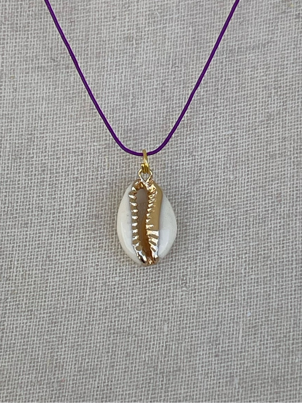 Cowrie Shell Necklace on Purple Nylon Cord Gold Tone Accents